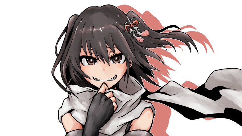 1girl black_gloves brown_eyes brown_hair close-up elbow_gloves fingerless_gloves gloves highres kantai_collection napa-napa scarf school_uniform sendai_(kancolle) sendai_kai_ni_(kancolle) serafuku smirk solo two_side_up white_background white_scarf