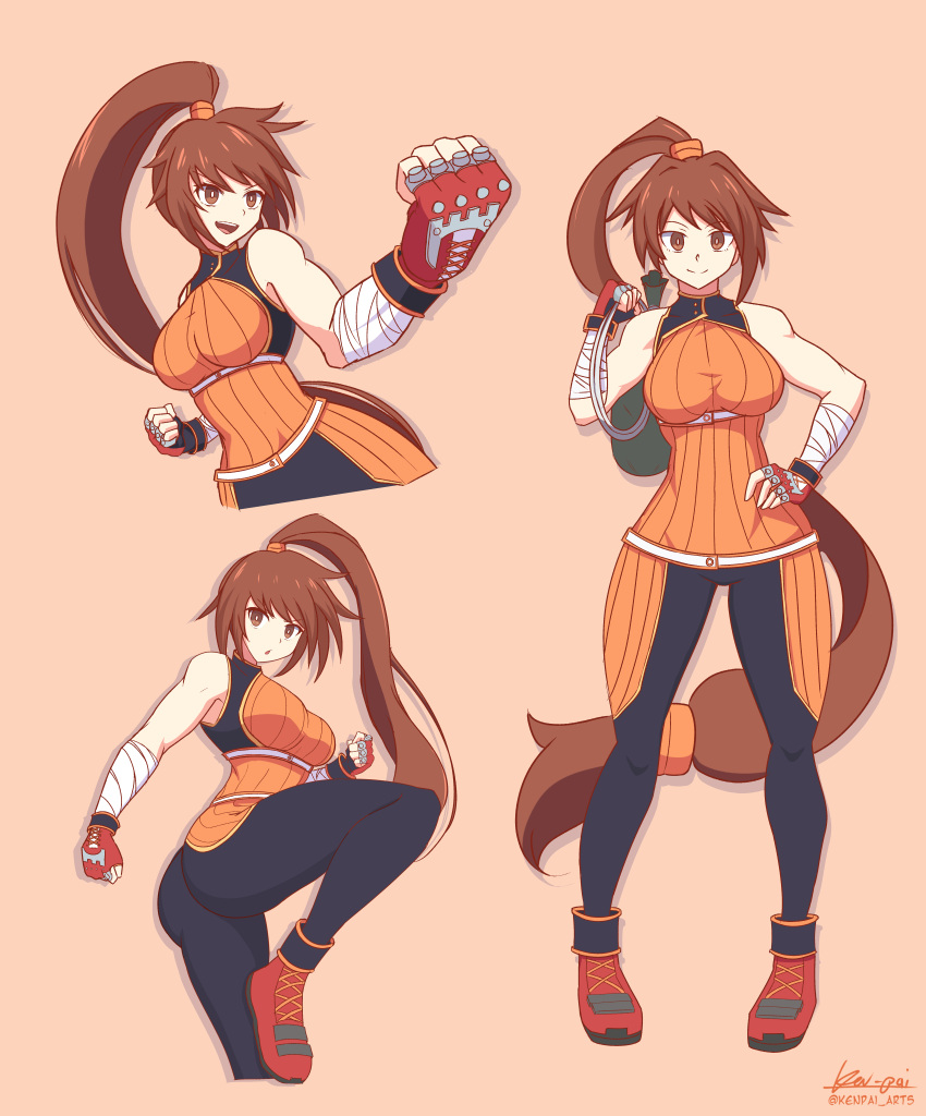 1girl absurdres ass bag bandages breasts brown_eyes brown_hair dnf_duel dungeon_and_fighter fighter_(dungeon_and_fighter) gloves hand_on_hip high_ponytail highres ken-pai_(kenpai_arts) large_breasts leg_lift long_hair looking_at_viewer open_mouth red_footwear red_gloves simple_background sleeveless smile striker_(dungeon_and_fighter) very_long_hair