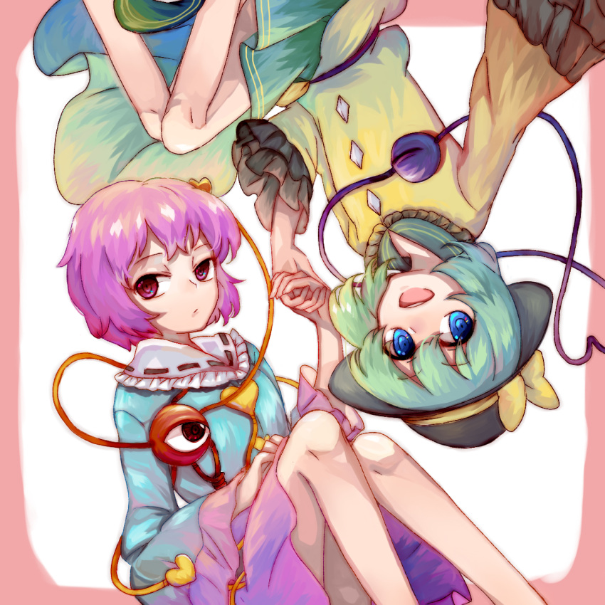 2girls :/ :d bare_legs bcl3(pekojiang) blouse blue_blouse blue_eyes bow buttons closed_mouth commentary diamond_button eyebrows_visible_through_hair frilled_shirt_collar frilled_sleeves frills green_hair green_skirt hair_between_eyes hair_ornament hat hat_bow heart heart_button heart_hair_ornament heart_of_string highres holding_hands komeiji_koishi komeiji_satori long_sleeves looking_at_another looking_at_viewer multiple_girls open_mouth pink_eyes pink_hair pink_skirt red_eyes ribbon_trim rotational_symmetry short_hair siblings simple_background sisters skirt smile teeth third_eye touhou upper_teeth wide_sleeves yellow_blouse yellow_bow