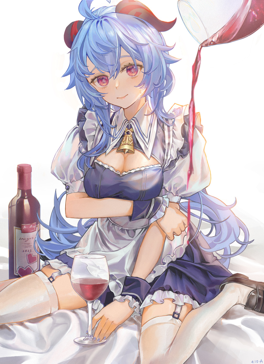 1girl absurdres ahoge alternate_costume apron arm_grab arrrrrry1 bangs bell black_footwear blue_dress blue_hair blue_nails bottle breast_hold breasts cleavage_cutout clothing_cutout commentary_request cowbell cup curled_horns detached_sleeves dress drinking_glass enmaided fingernails frilled_apron frilled_dress frills ganyu_(genshin_impact) garter_straps genshin_impact goat_horns head_tilt heart highres horns light_smile loafers long_hair looking_at_viewer low_ponytail maid maid_apron medium_breasts nail_polish neck_bell pouring pouring_onto_another puffy_short_sleeves puffy_sleeves shoes short_sleeves simple_background sitting solo thigh-highs violet_eyes waist_apron wariza white_apron white_background white_legwear wine_bottle wine_glass