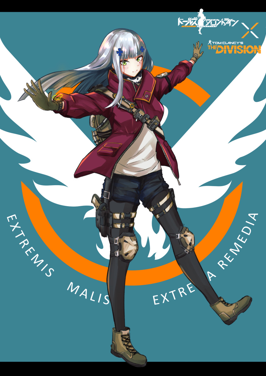 1girl absurdres alternate_costume bangs black_legwear blue_hair blue_shorts blush boots brown_footwear brown_gloves closed_mouth copyright_name eyebrows_visible_through_hair full_body girls_frontline gloves green_eyes hair_ornament hairclip highres hk416_(girls'_frontline) holstered_weapon jacket knee_pads long_hair looking_at_viewer open_clothes open_jacket pantyhose r9k1 red_jacket shirt shorts simple_background solo standing teardrop_facial_mark teardrop_tattoo tom_clancy's_the_division white_shirt