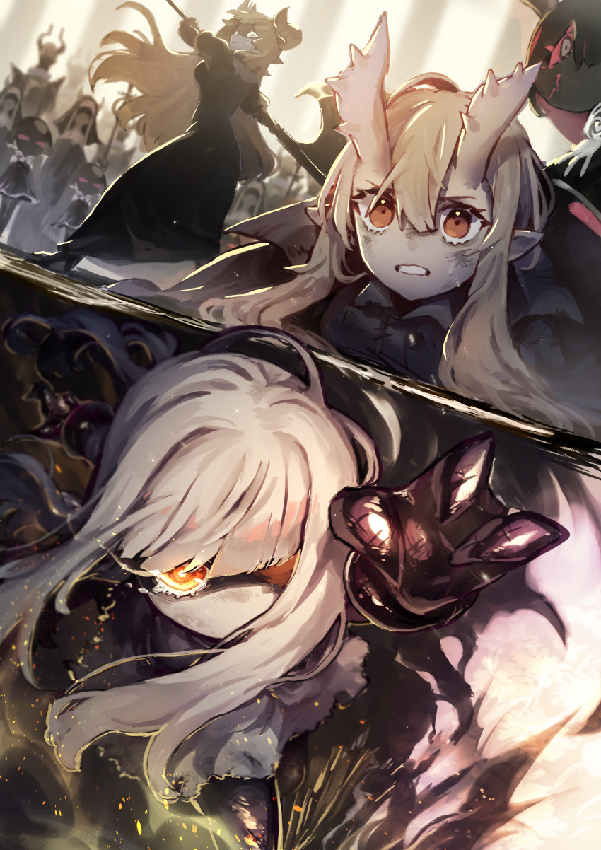 3girls absurdres axe black_dress blonde_hair clenched_teeth closed_mouth colored_skin dress eye_(okame_nin) fewer_digits highres holding holding_axe horns iga_(okame_nin) long_hair looking_at_viewer multiple_girls nun okame_nin original pale_skin pointy_ears red_eyes spiked_horns teeth urushia_(okame_nin) white_hair white_skin wide-eyed