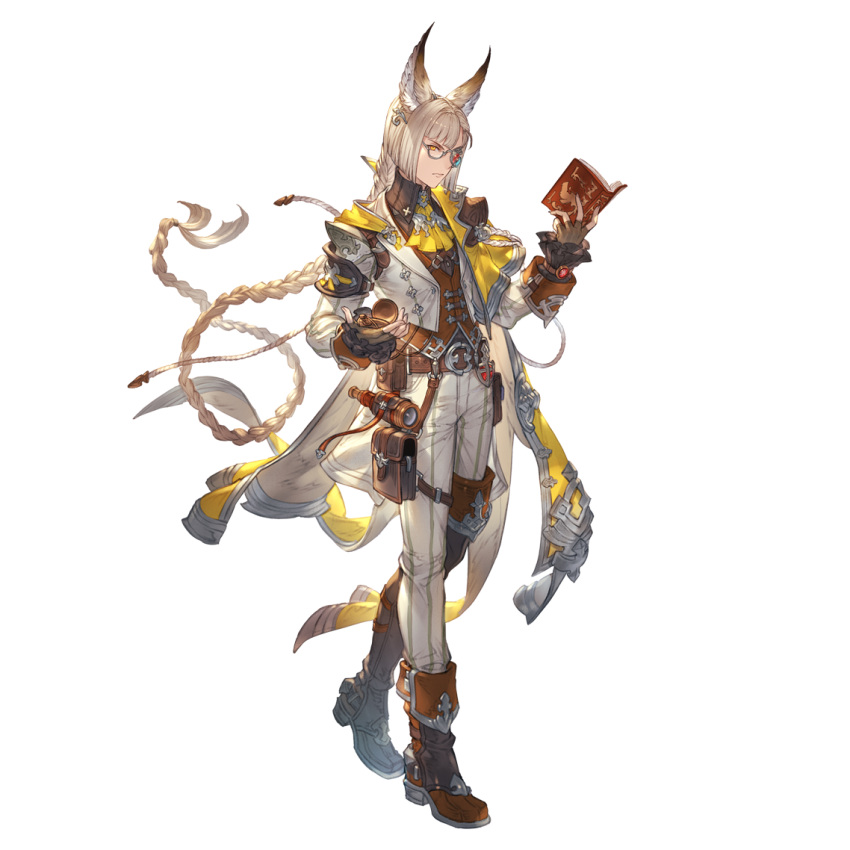 1boy animal_ears ascot bangs belt blonde_hair book boots braid brown_gloves collared_shirt fingerless_gloves gloves granblue_fantasy hand_up holding holding_book jacket long_hair lu_woh_(granblue_fantasy) minaba_hideo official_art pants shirt spyglass standing striped striped_pants thigh_pouch third-party_source transparent_background vertical-striped_pants vertical_stripes yellow_ascot