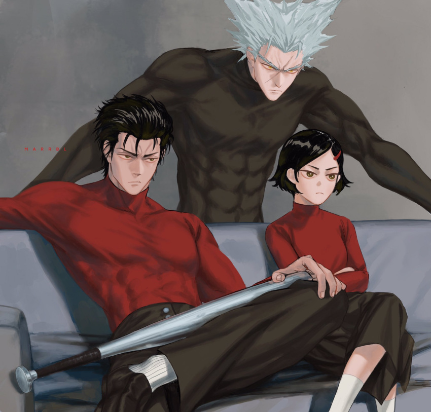 1girl 2boys abs bangs baseball_bat black_eyes black_hair black_skirt brother_and_sister brown_eyes closed_mouth couch crossed_arms frown garou_(one-punch_man) grey_hair hair_ornament hair_slicked_back hairpin highres kinzoku_bat long_sleeves looking_away marrbl multiple_boys muscular muscular_male on_couch one-punch_man pants parted_bangs pointy_hair scar scar_on_face shoes short_hair siblings sitting skin_tight skirt socks spiky_hair tight turtleneck weapon white_legwear yellow_eyes zenko_(one-punch_man)