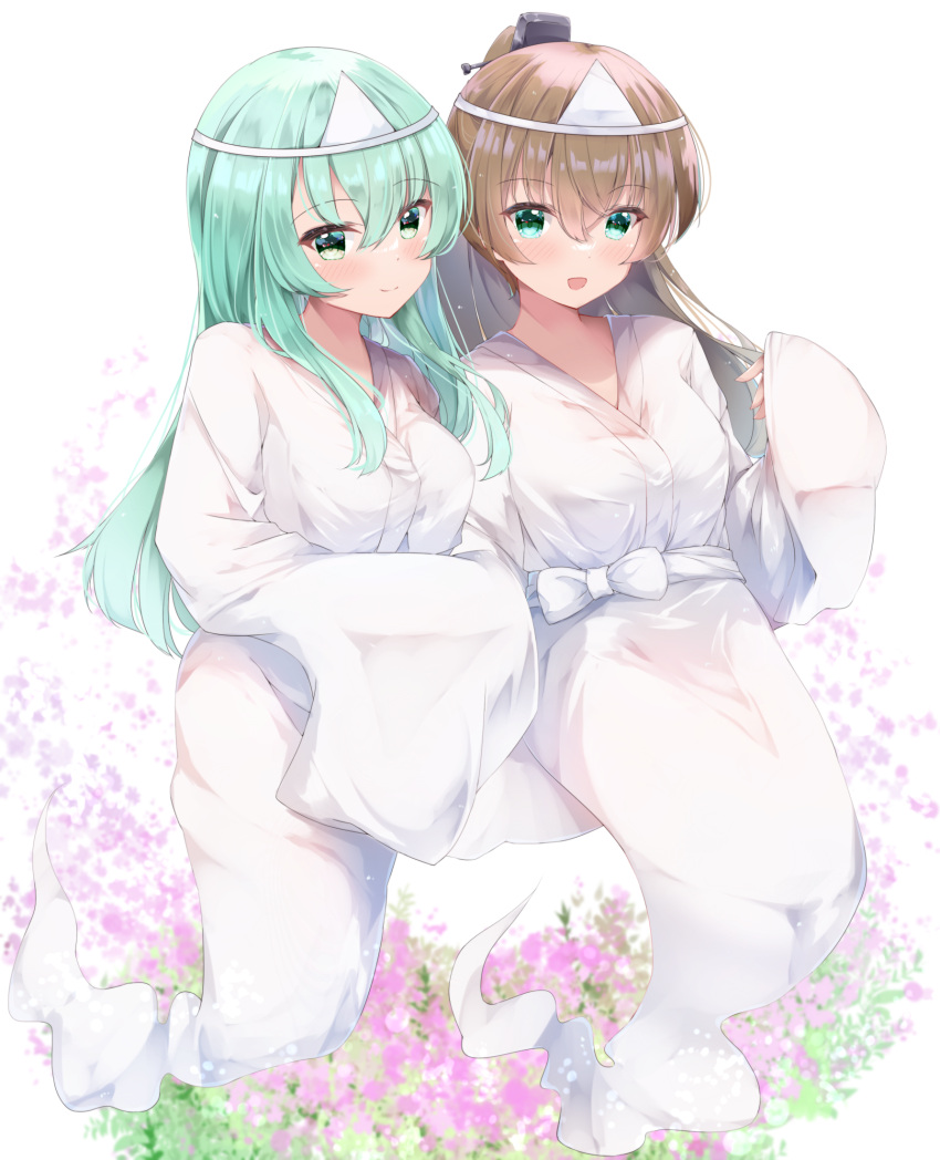 2girls alternate_costume aqua_eyes blush brown_hair closed_mouth commission eyebrows_visible_through_hair fuuna ghost_tail green_eyes green_hair hair_between_eyes highres japanese_clothes kantai_collection kimono kumano_(kancolle) long_hair long_sleeves multiple_girls open_mouth ponytail skeb_commission smile suzuya_(kancolle) triangular_headpiece white_kimono wide_sleeves
