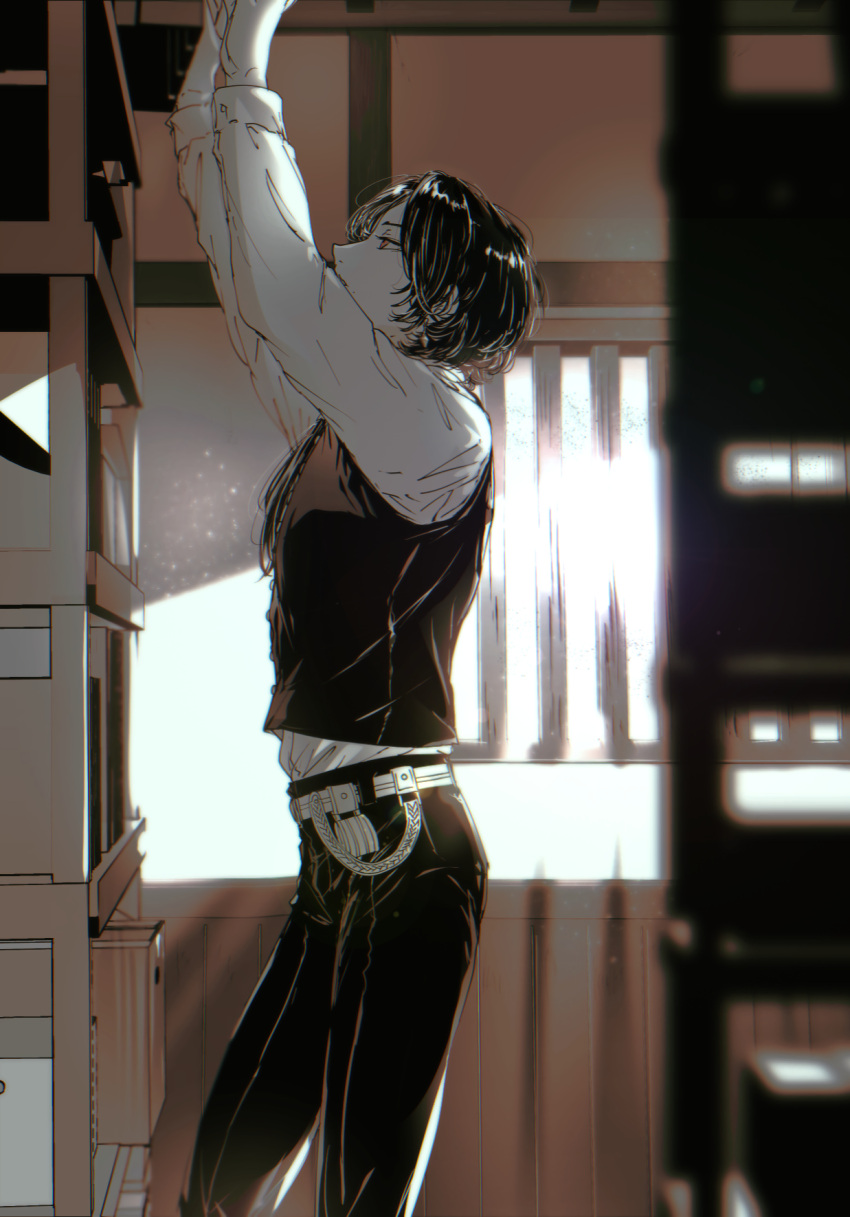 arms_up belt blurry box collared_shirt covered_mouth day depth_of_field feet_out_of_frame from_side highres indoors kashuu_kiyomitsu kekko light_particles long_hair long_sleeves looking_away looking_up male_focus monochrome pants profile reaching shelf shirt solo standing touken_ranbu vest window