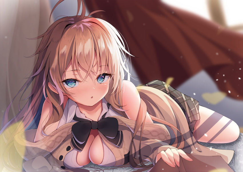 1girl :o ahoge azur_lane bangs bare_shoulders black_bow black_bowtie blue_eyes bow bowtie breasts brown_hair cardigan center_opening collared_shirt commentary_request eyebrows_visible_through_hair grabbing highres impero_(azur_lane) impero_(languid_librarian)_(azur_lane) indoors legs long_hair looking_at_viewer madotsukumo medium_breasts miniskirt official_alternate_costume on_floor plaid plaid_skirt shirt skirt sleeveless sleeveless_shirt solo very_long_hair white_shirt