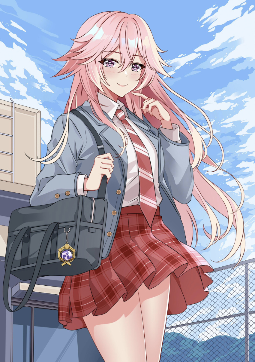 1girl absurdres bag blue_sky blush chain-link_fence closed_mouth cowboy_shot fence feng_shao_kky_(arj0522) genshin_impact highres jacket long_hair long_sleeves necktie open_clothes open_jacket pink_hair plaid plaid_skirt red_necktie red_skirt school_uniform skirt sky smile striped_necktie violet_eyes vision_(genshin_impact) yae_miko