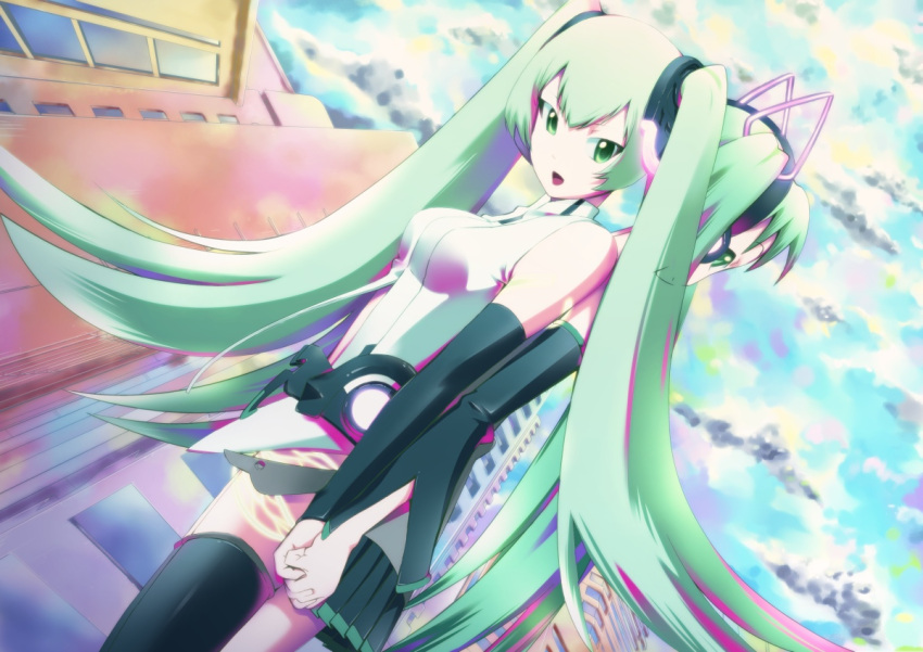 aqua_hair back-to-back back_to_back belt detached_sleeves dual_persona elbow_gloves fingerless_gloves gloves green_eyes green_hair hatsune_miku hatsune_miku_(append) keyl long_hair miku_append necktie open_mouth pleated_skirt skirt sky thigh_highs thighhighs twintails very_long_hair vocaloid vocaloid_append zettai_ryouiki