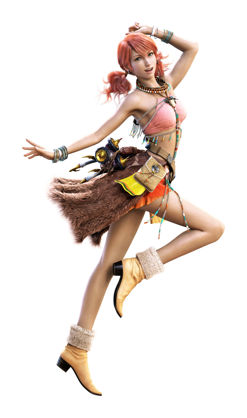 1girl 3d arm_up armpits bare_shoulders beads belt boots bracelet cg crop_top earrings female final_fantasy final_fantasy_xiii full_body fur green_eyes halter_top halterneck hand_up highres jewelry leg_up looking_at_viewer midriff miniskirt necklace oerba_dia_vanille official_art open_mouth pink_hair pose red_hair redhead short_twintails simple_background skirt smile solo teeth transparent_background tubetop twintails upper_teeth