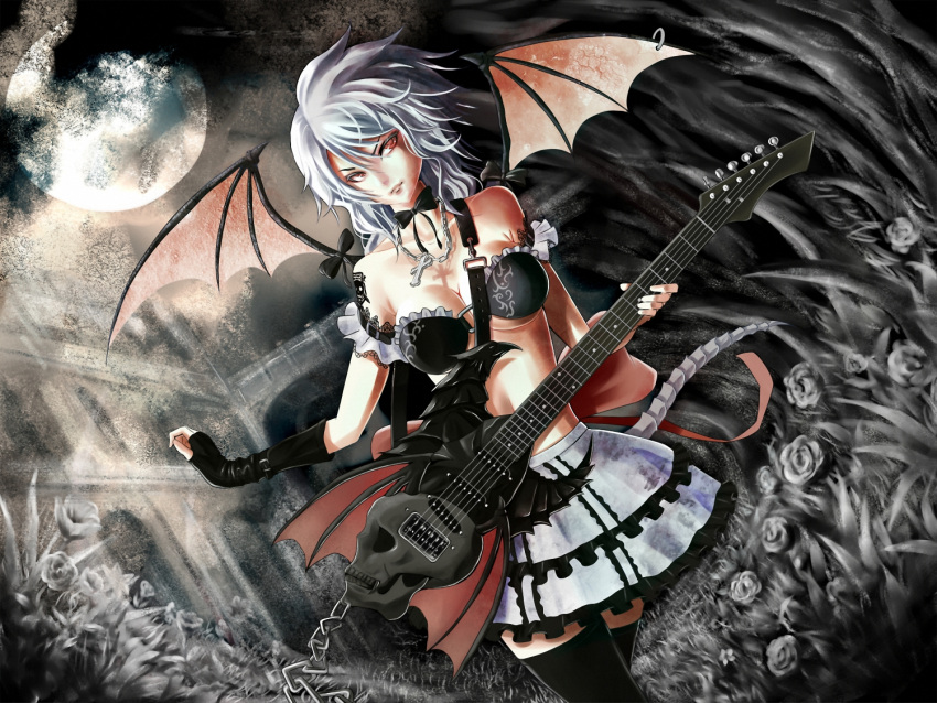 cleavage frills gothic guitar saku_(saku9595) skirt tail thigh-highs wings