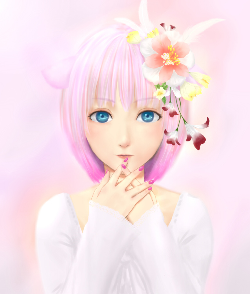 blue_eyes flower hair_flower hair_ornament highres mew nail_polish personification pink_hair pokemon rokuji-saty solo
