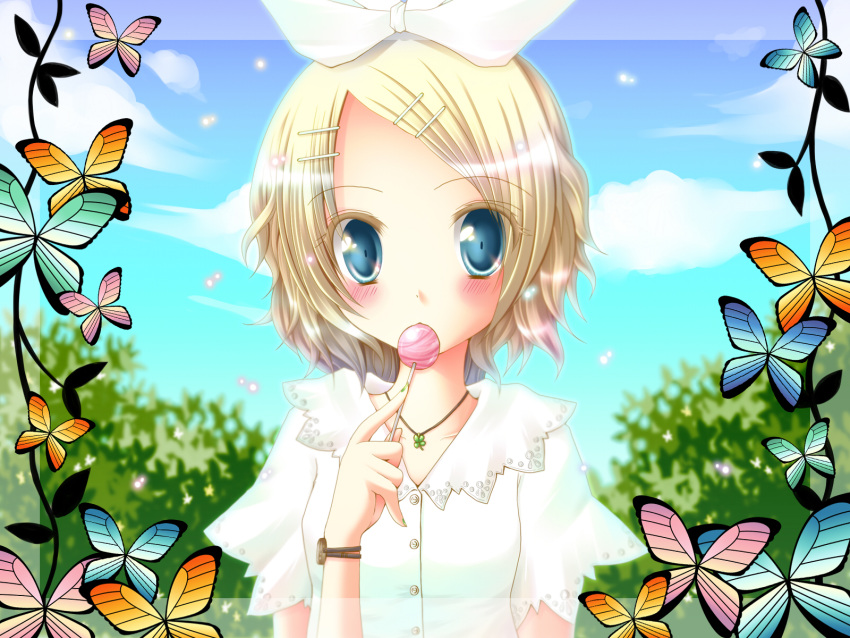 blonde_hair blue_eyes butterfly kagamine_rin short_hair vocaloid wallpaper