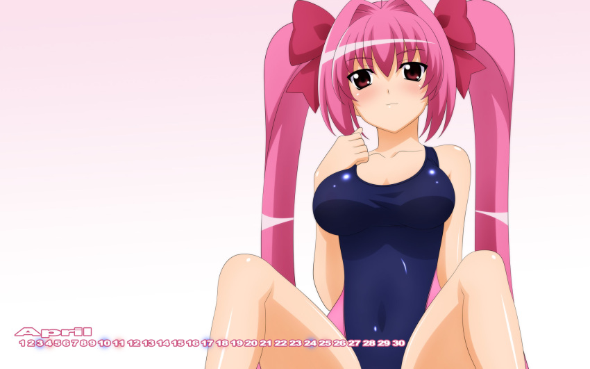 april calendar competition_swimsuit di_gi_charat hair_intakes hair_ribbon highres hikaru_usada long_hair one-piece_swimsuit pink_hair rabi_en_rose red_eyes ribbon shiny shiny_clothes simple_background sitting smile solo spread_legs sugimura_tomokazu swimsuit swimsuit twintails usada_hikaru very_long_hair wallpaper wave_ride widescreen