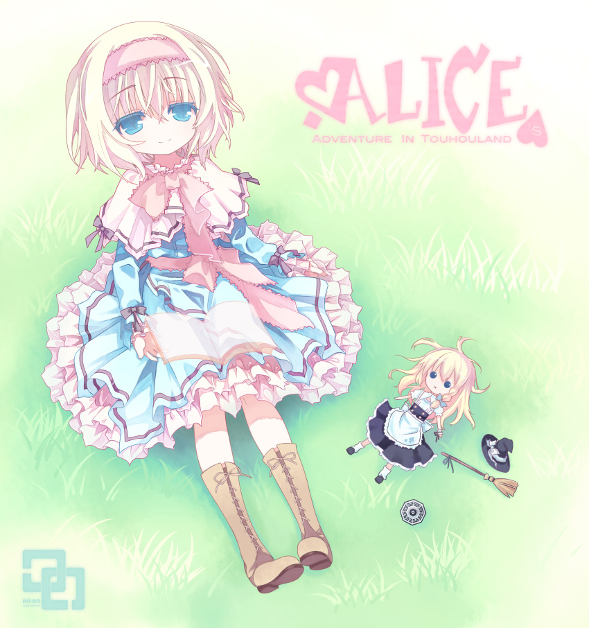 :x absurdres alice_margatroid blonde_hair book boots broom character_doll character_name curtain doll dress hasainomado hat hat_removed headwear_removed highres kirisame_marisa lolita_fashion mini-hakkero shanghai smile solo touhou
