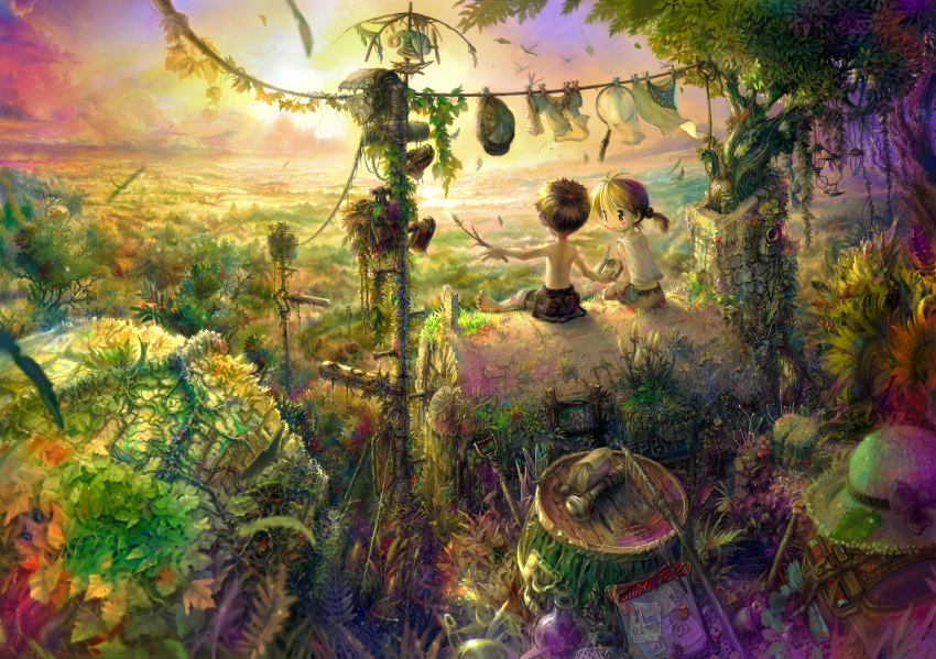 absurdres barefoot book child clothesline dragonfly highres jungle landscape leaf making_of nature original ruins scenery sitting smile sunset tree tsukushi_akihito twintails