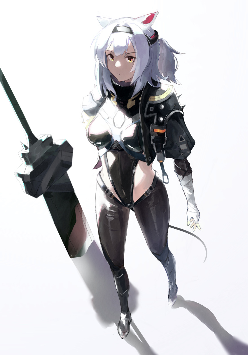 1girl absurdres animal_ears arknights bandaged_arm bandages black_hairband black_legwear black_leotard breasts closed_mouth cropped_jacket foreshortening from_above full_body genieko hairband highleg highleg_leotard highres jacket leotard long_hair looking_at_viewer looking_up medium_breasts official_alternate_costume one_side_up open_clothes open_jacket planted planted_sword scavenger_(arknights) short_sleeves sideless_outfit silver_hair simple_background solo standing sword tail thigh-highs weapon white_background yellow_eyes