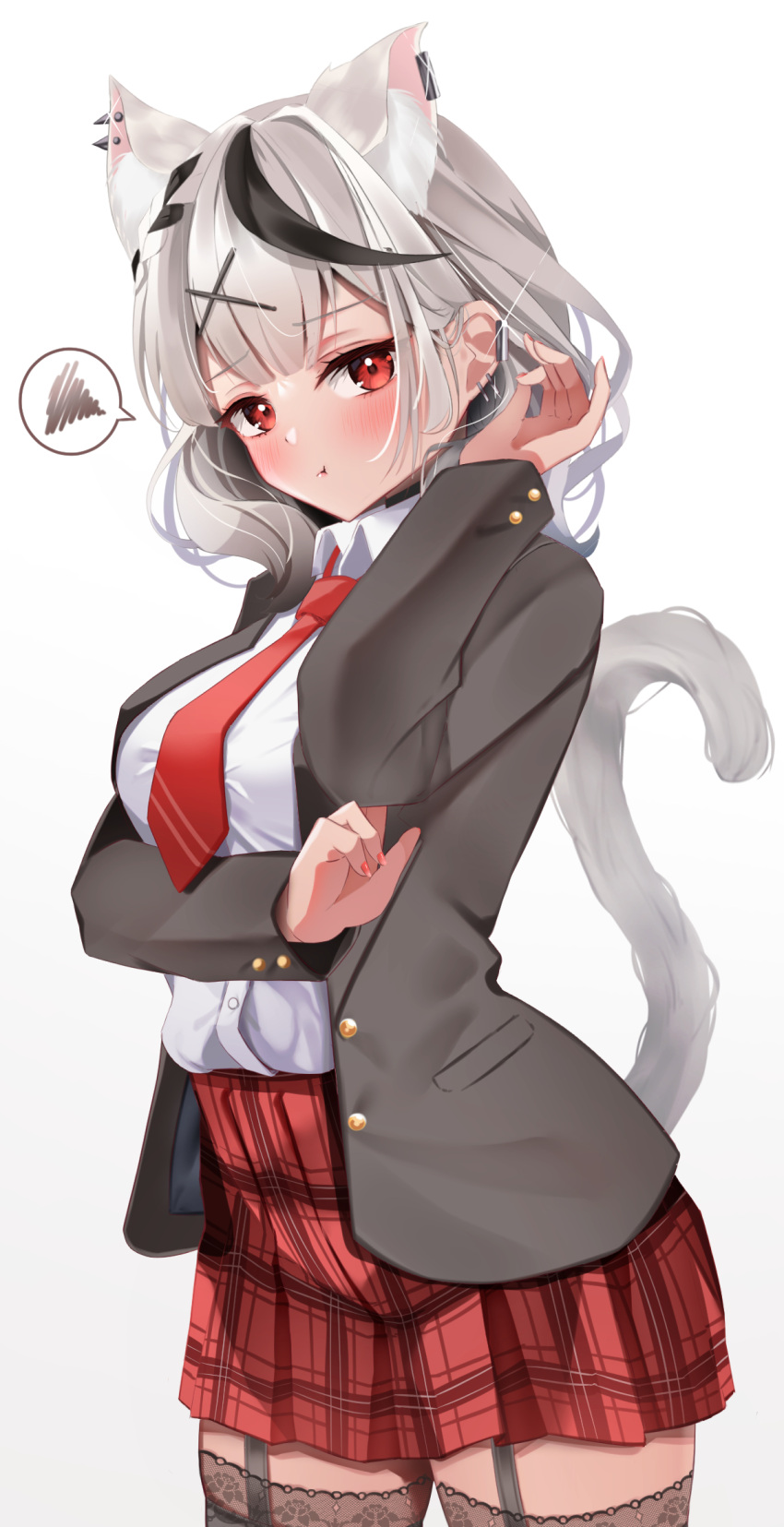 1girl :t animal_ear_fluff animal_ears bangs black_hair black_jacket blush cat_ears cat_girl cat_tail closed_mouth collared_shirt cowboy_shot ear_piercing extra_ears eyebrows_visible_through_hair garter_straps grey_hair hair_ornament highres hololive jacket kamimori_kuuraku long_sleeves looking_at_viewer multicolored_hair nail_polish necktie open_clothes open_jacket piercing plaid plaid_skirt pleated_skirt red_eyes red_nails red_necktie red_skirt sakamata_chloe shirt simple_background skirt solo spoken_squiggle squiggle standing streaked_hair tail tail_raised thigh-highs virtual_youtuber white_background white_shirt x_hair_ornament