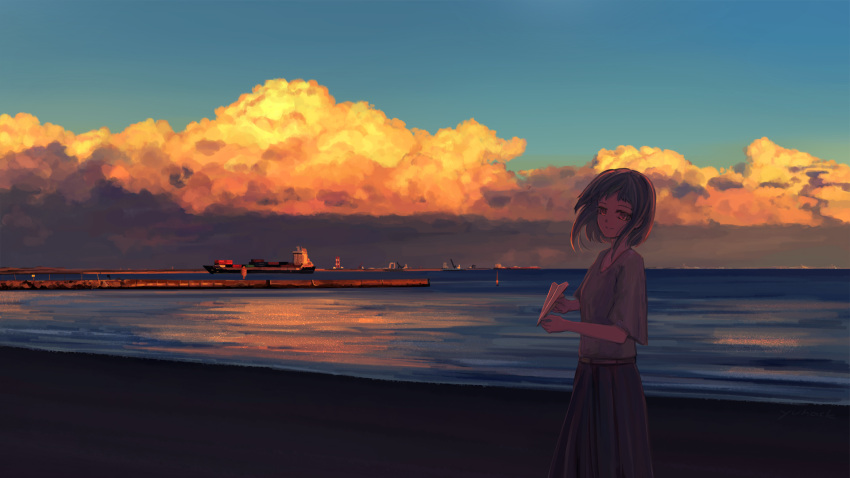 1girl blue_skirt blue_sky clouds commentary_request container_ship crane_(machine) green_shirt harbor highres holding holding_paper_airplane long_skirt looking_at_viewer ocean original outdoors paper_airplane scenery ship shipping_container shirt shore short_hair short_sleeves skirt sky smile solo standing water watercraft yuhack