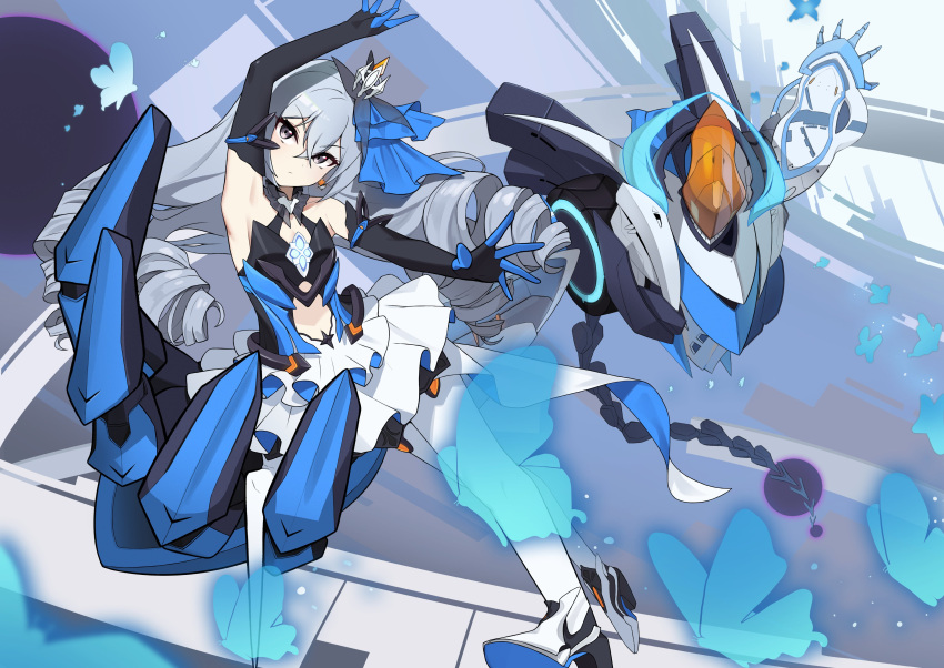 1girl absurdres armpits bangs bare_shoulders black_gloves blue_butterfly bronya_zaychik bronya_zaychik_(herrscher_of_reason) bug butterfly closed_mouth crown dress drill_hair earrings elbow_gloves full_body gloves grey_eyes grey_hair highres honkai_(series) honkai_impact_3rd jewelry long_hair looking_at_viewer project_bunny reflector178 sleeveless sleeveless_dress thigh-highs twin_drills v-shaped_eyebrows white_dress white_legwear