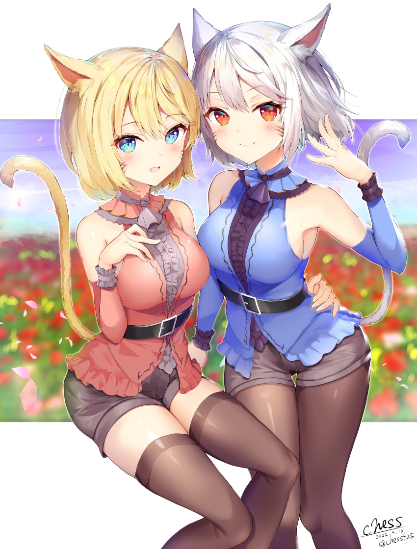 absurdres animal_ear_fluff animal_ears black_legwear blonde_hair blue_eyes blue_shirt blurry blurry_background blush breasts cat_ears cat_tail chess11 commission detached_sleeves final_fantasy final_fantasy_xiv flower hand_on_another's_hip hand_on_own_chest highres looking_at_viewer medium_breasts open_mouth pantyhose red_eyes red_shirt shirt short_hair shorts signature silver_hair sitting skeb_commission smile tail thighs