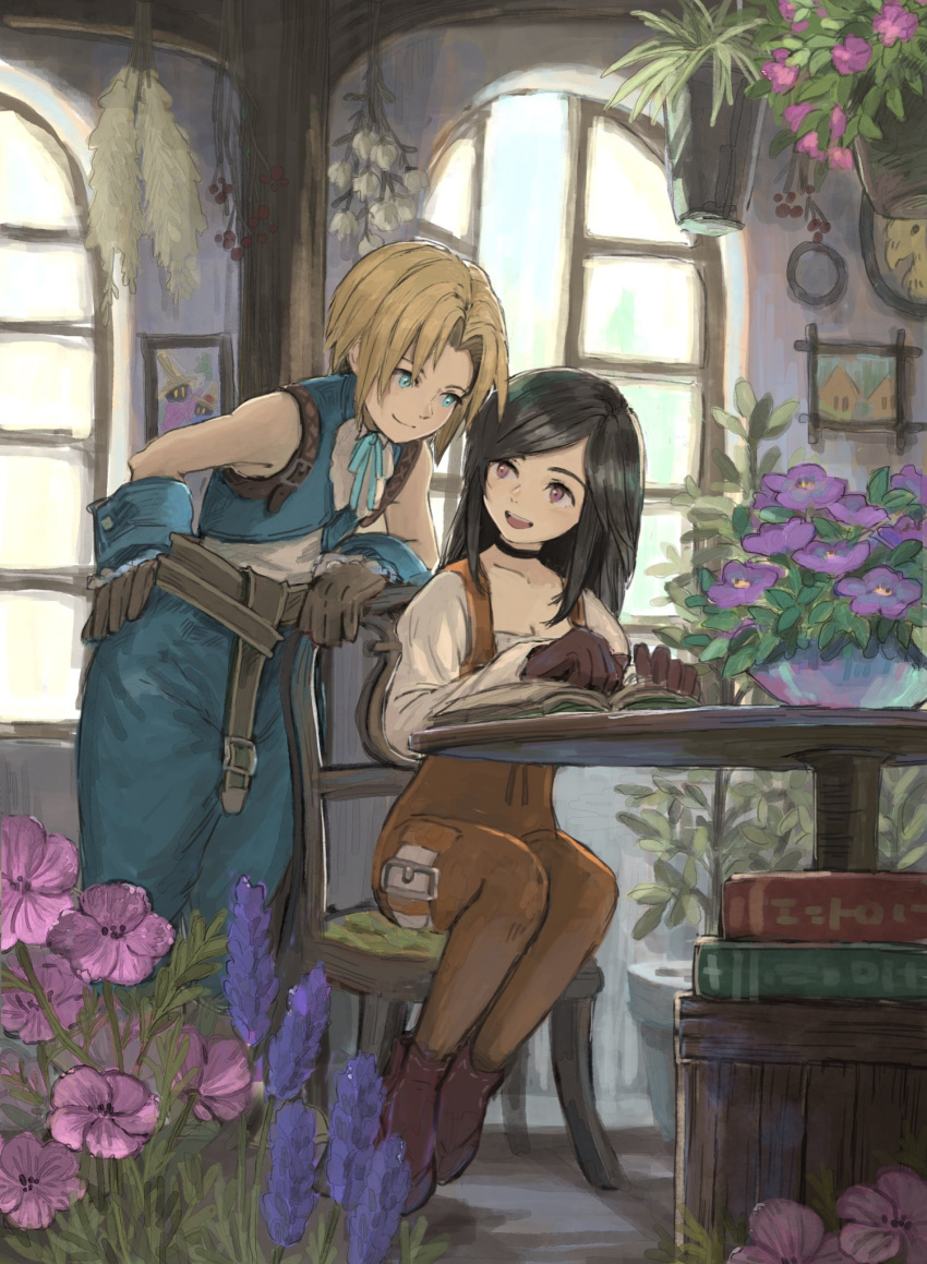 1boy 1girl book book_stack boots final_fantasy final_fantasy_ix flower garnet_til_alexandros_xvii gloves highres looking_at_another picture_(object) plant portrait_(object) sitting smile soraoyogusakana table zidane_tribal
