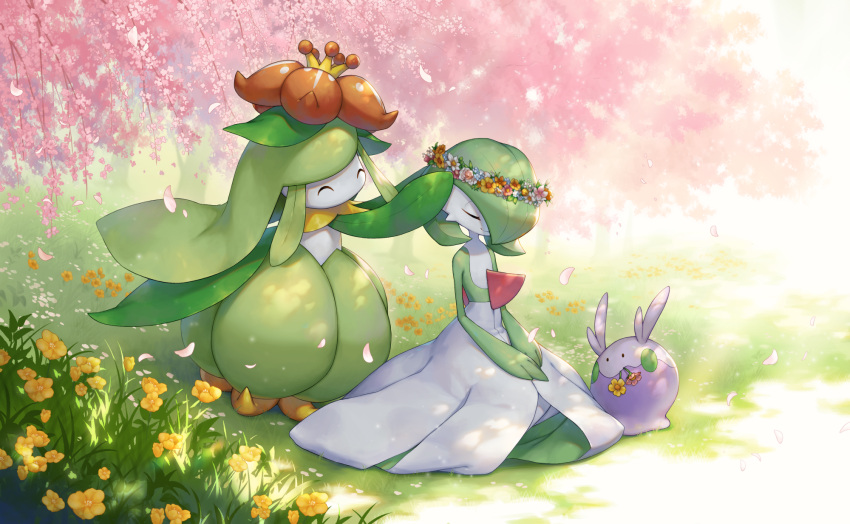 ^_^ closed_eyes closed_mouth day falling_petals flower from_side gardevoir goomy grass happy highres holding kemonomichi_(blue_black) lilligant mouth_hold no_humans outdoors petals pokemon pokemon_(creature) sitting smile standing symbol-only_commentary wreath yellow_flower