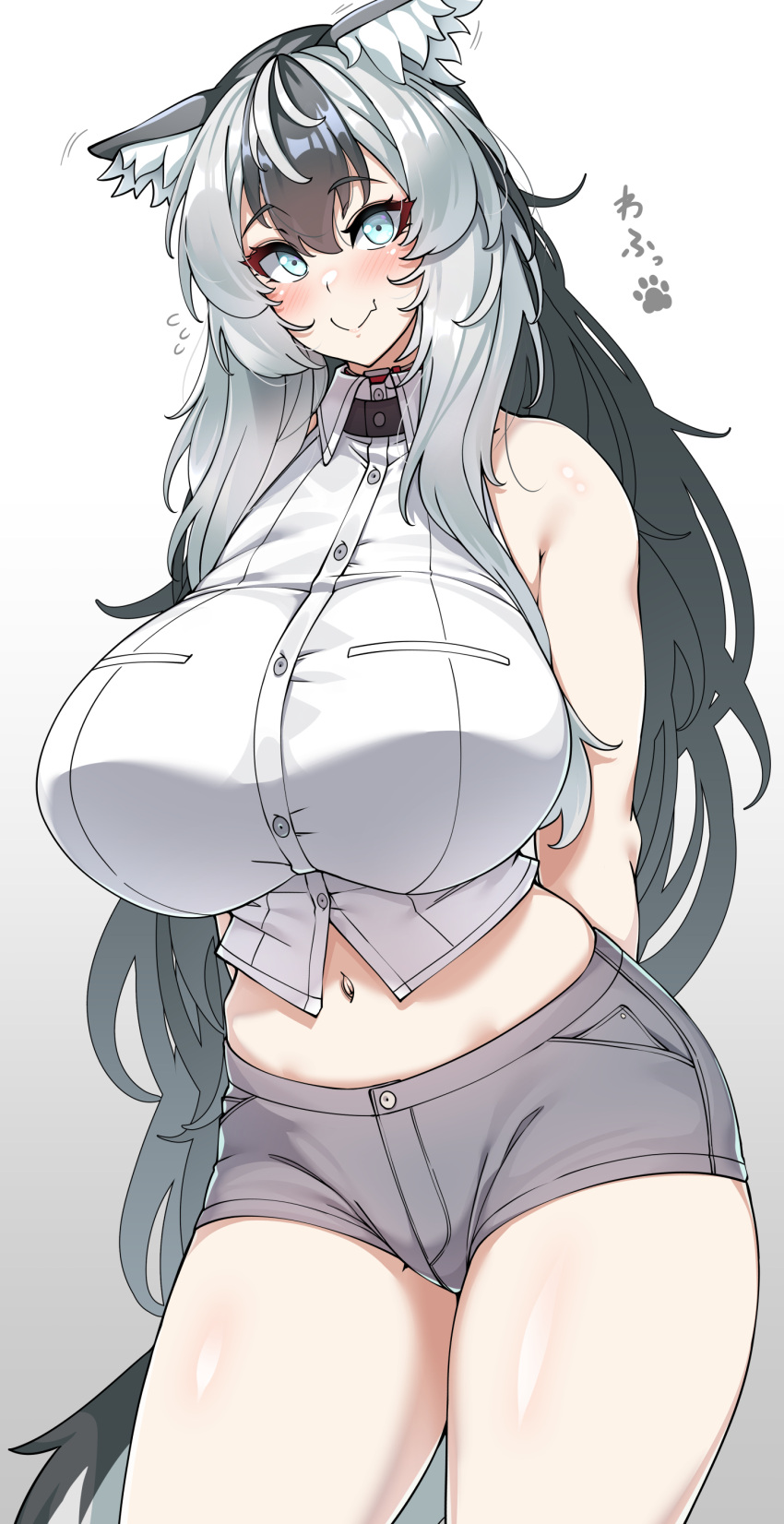 1girl absurdres animal_ears bare_shoulders black_hair breasts collared_shirt cropped_shirt dog_ears dog_girl dog_tail gradient_background grey_hair grey_shorts hair_between_eyes highres hips huge_breasts konoshige_(ryuun) large_breasts light_blue_eyes long_hair looking_at_viewer midriff multicolored_hair navel original shirt short_shorts shorts simple_background sleeveless sleeveless_shirt smile solo tail thick_thighs thighs very_long_hair white_shirt wide_hips