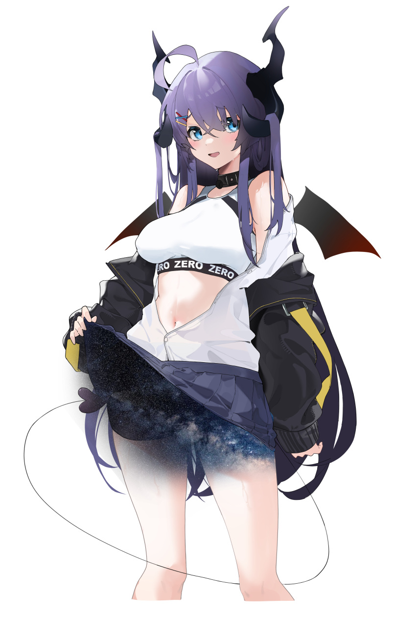 1girl :d absurdres ahoge bangs bare_shoulders black_jacket blue_eyes blush breasts clothes_lift clothes_writing collar commentary_request demon_girl demon_horns demon_tail demon_wings eyebrows_visible_through_hair hair_ornament hairclip highres horns jacket lifted_by_self long_hair long_sleeves looking_at_viewer mark_jin medium_breasts navel open_clothes open_jacket open_mouth open_shirt original purple_hair shirt skirt skirt_lift smile solo sports_bra standing swimsuit tail thighs very_long_hair white_shirt wings x_hair_ornament
