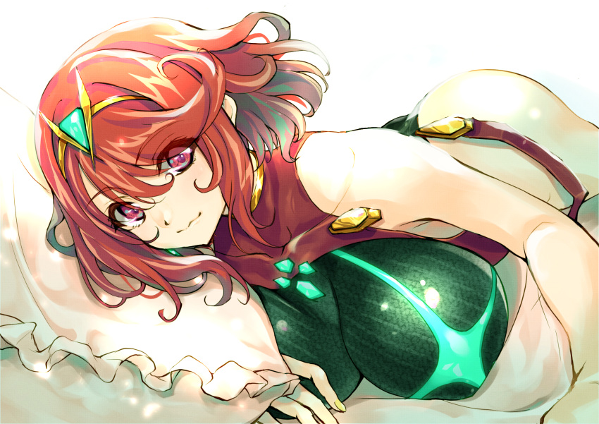 1girl bangs black_swimsuit breasts chest_jewel competition_swimsuit covered_collarbone covered_navel gem headpiece highres large_breasts one-piece_swimsuit pyra_(pro_swimmer)_(xenoblade) pyra_(xenoblade) red_eyes red_swimsuit redhead ribbed_swimsuit short_hair solo strapless strapless_swimsuit striped striped_swimsuit swept_bangs swimsuit tiara two-tone_swimsuit vertical-striped_swimsuit vertical_stripes wochi xenoblade_chronicles_(series) xenoblade_chronicles_2