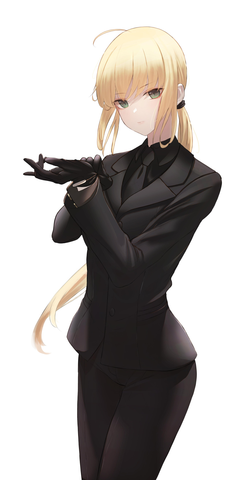 1girl absurdres adjusting_clothes adjusting_gloves ahoge artoria_pendragon_(fate) bangs black_gloves black_jacket black_necktie black_pants black_shirt black_suit blonde_hair buttons closed_mouth collared_shirt commentary est_(est_illust) eyebrows_visible_through_hair fate/zero fate_(series) floating_hair formal gloves green_eyes hair_tie hand_up highres jacket long_hair long_sleeves low_ponytail necktie pant_suit pants saber shirt simple_background solo standing suit very_long_hair white_background wing_collar