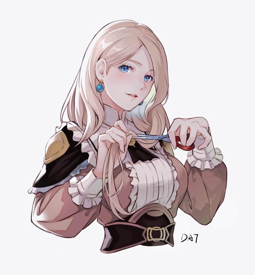 1girl absurdres blonde_hair blue_eyes breasts brown_dress commentary_request cropped_torso da-cart dress earrings fire_emblem fire_emblem:_three_houses fire_emblem_warriors fire_emblem_warriors:_three_hopes grey_background highres holding holding_scissors jewelry large_breasts long_hair long_sleeves looking_at_viewer mercedes_von_martritz parted_lips scissors simple_background solo upper_body