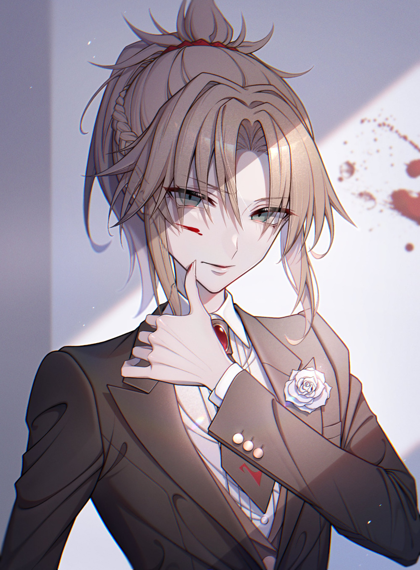 1girl absurdres bambi-25 bangs blood blood_on_face blood_on_wall braid brown_jacket dress_shirt eyebrows_visible_through_hair fate/grand_order fate_(series) flower hair_ornament hair_scrunchie hand_up highres jacket long_sleeves looking_at_viewer medium_hair mordred_(fate) necktie parted_bangs ponytail red_scrunchie scrunchie shiny shiny_hair shirt short_necktie solo upper_body white_shirt