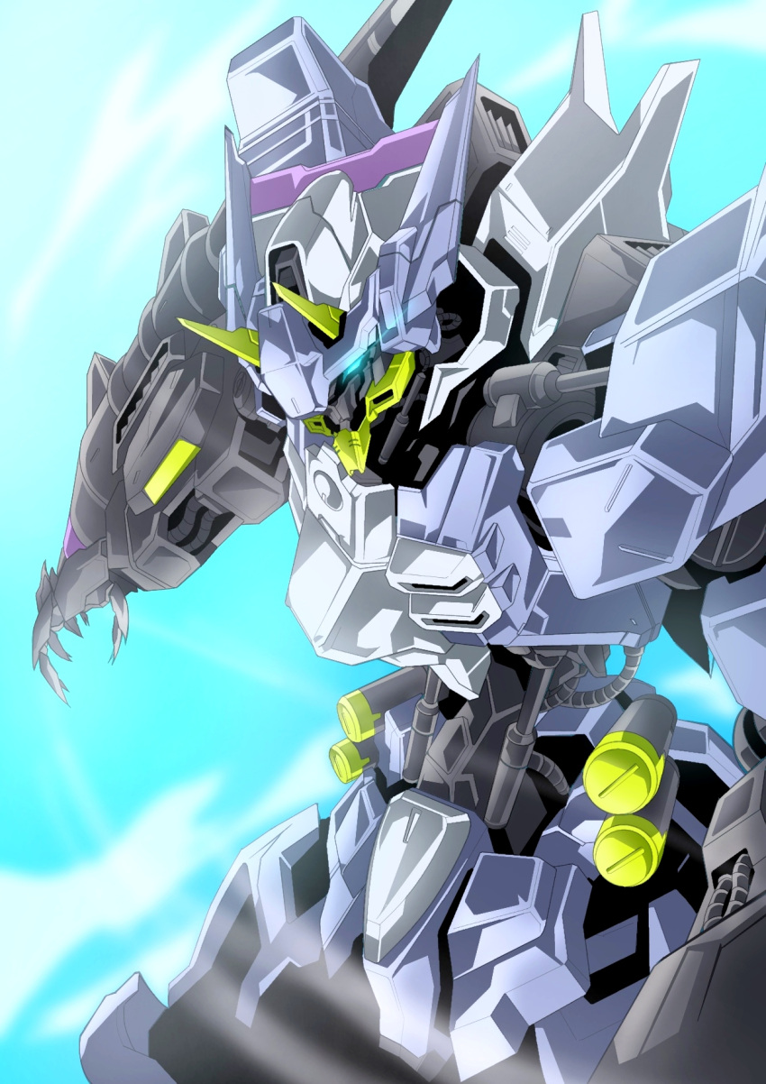 aki.10_01 blue_eyes glowing glowing_eye gundam gundam_asmoday gundam_tekketsu_no_orphans gundam_tekketsu_no_orphans_urdr_hunt highres horns looking_down mecha mobile_suit no_humans open_hand piston science_fiction sky solo