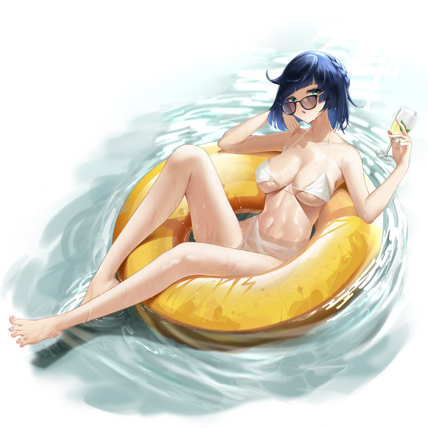 1girl absurdres bare_arms bare_back bare_legs bare_shoulders barefoot bikini blue_hair breasts crossed_legs cup day drinking_glass feet genshin_impact glasses highres holding holding_cup hs_(user_hvww8443) innertube large_breasts looking_at_viewer navel short_hair sunglasses swimsuit water white_bikini yelan_(genshin_impact)