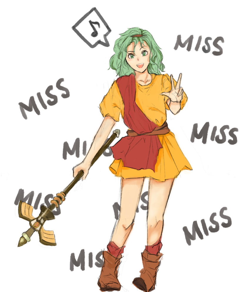 1girl :d bangs baronada boots brown_footwear commentary dress english_commentary fire_emblem fire_emblem:_thracia_776 full_body green_eyes green_hair hairband hand_up highres holding holding_staff looking_at_viewer musical_note open_mouth orange_dress red_hairband red_legwear short_dress short_hair short_sleeves smile socks solo spoken_musical_note staff standing tina_(fire_emblem) w