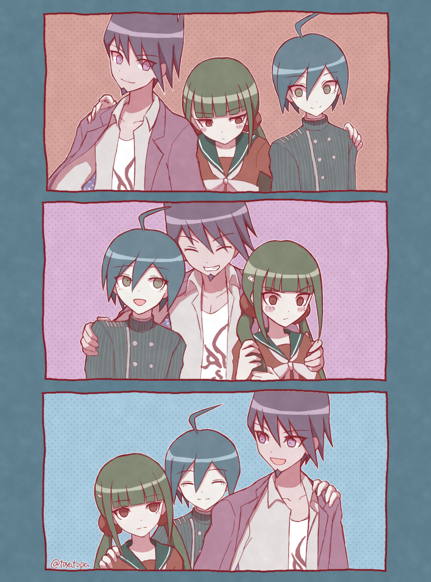 1girl 2boys :d absurdres ahoge bangs black_sailor_collar blunt_bangs buttons closed_eyes closed_mouth collarbone danganronpa_(series) danganronpa_v3:_killing_harmony double-breasted eyebrows_visible_through_hair facial_hair goatee green_hair grin hand_on_another's_shoulder harukawa_maki highres jacket jacket_on_shoulders low_twintails momota_kaito multiple_boys open_clothes open_mouth open_shirt pink_eyes pink_jacket print_shirt red_scrunchie red_shirt saihara_shuuichi sailor_collar scrunchie shiny shiny_hair shirt short_hair smile striped striped_jacket teeth toyatopa twintails upper_body white_shirt