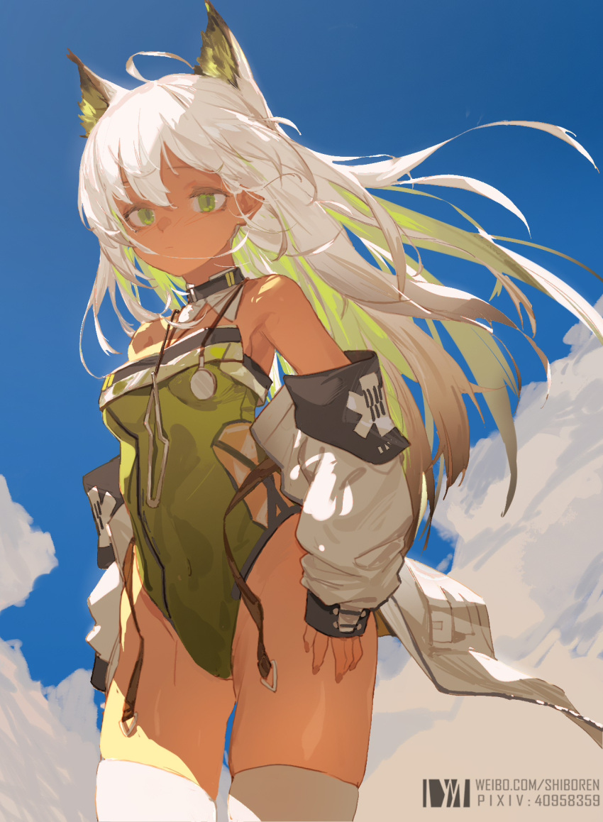 1girl ahoge animal_ears arknights bangs bare_shoulders breasts closed_mouth clouds colored_inner_hair cowboy_shot dark-skinned_female dark_skin detached_collar dm_(dai_miao) extra_ears green_eyes green_hair green_leotard highres jacket kal'tsit_(arknights) leotard light_blush long_hair looking_at_viewer medium_breasts multicolored_hair off_shoulder open_clothes open_jacket solo standing stethoscope strapless strapless_leotard thigh-highs white_hair white_jacket white_legwear