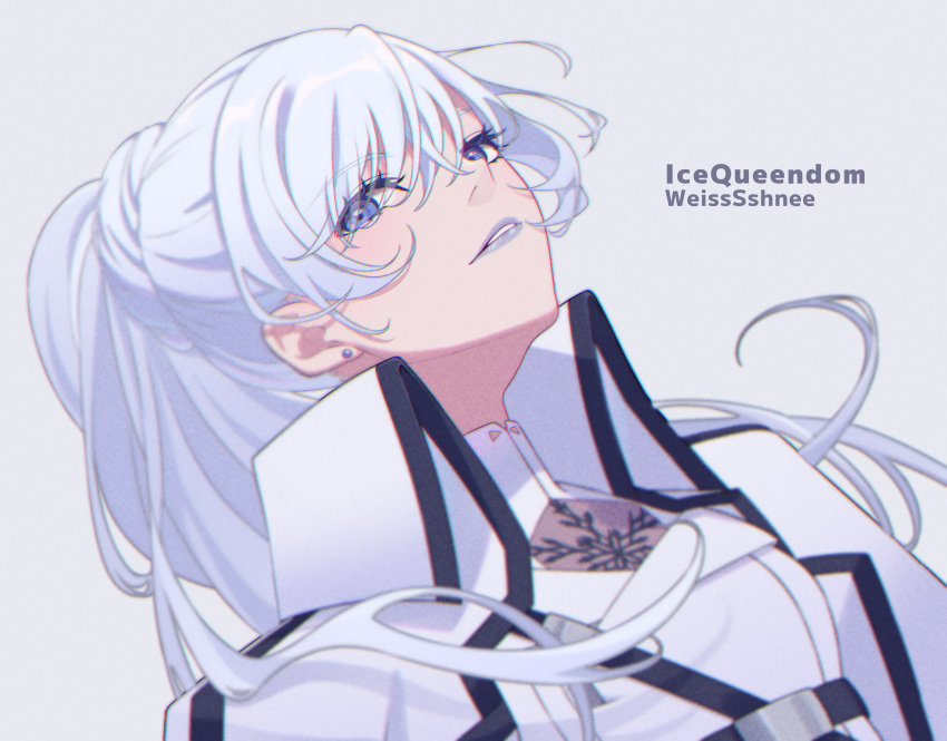 1girl absurdres bangs character_name earrings eyebrows_visible_through_hair floating_hair grey_background grey_eyes grey_lips hair_between_eyes highres jewelry long_hair looking_at_viewer maguro_(guromaguro) parted_lips ponytail portrait rwby silver_hair simple_background solo weiss_schnee