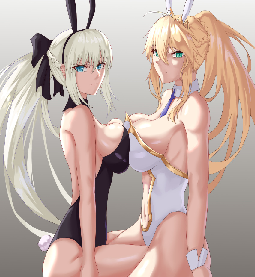 2girls absurdres animal_ears artoria_pendragon_(fate) artoria_pendragon_(swimsuit_ruler)_(fate) asymmetrical_docking black_bow blue_necktie bow braid breast_press breasts closed_mouth fate/grand_order fate_(series) freed_turing french_braid gradient gradient_background green_eyes highleg highleg_leotard highres leotard light_blue_eyes light_smile looking_at_viewer morgan_le_fay_(fate) multiple_girls necktie platinum_blonde_hair playboy_bunny rabbit_ears short_necktie tiara white_leotard wrist_cuffs