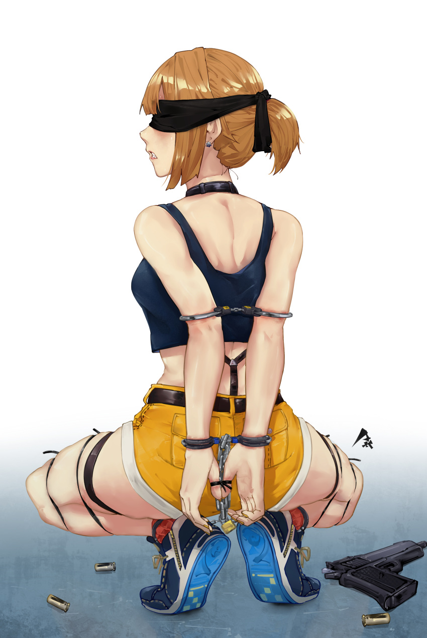 1girl absurdres arms_behind_back bangs bdsm blindfold blue_footwear bondage bound breasts chain choker commission cuffs earrings eyebrows_visible_through_hair from_behind full_body girls_frontline grizzly_mkv grizzly_mkv_(girls'_frontline) grizzly_mkv_(weekend_cop)_(girls'_frontline) gun hair_ornament hair_scrunchie handcuffs handgun highres jewelry lock looking_back official_alternate_costume padlock pick'k restrained scrunchie second-party_source shell_casing short_hair short_ponytail short_shorts shorts skindentation socks squatting tank_top thigh_strap weapon yellow_shorts