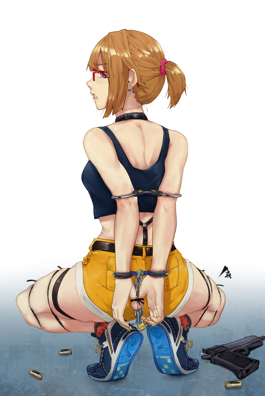 1girl absurdres arms_behind_back bangs bdsm blue_footwear bondage bound breasts chain choker commission cuffs earrings eyebrows_visible_through_hair from_behind full_body girls_frontline glasses grizzly_mkv grizzly_mkv_(girls'_frontline) grizzly_mkv_(weekend_cop)_(girls'_frontline) gun hair_ornament hair_scrunchie handcuffs handgun highres jewelry lock looking_back official_alternate_costume padlock pick'k restrained scrunchie second-party_source shell_casing short_hair short_ponytail short_shorts shorts skindentation socks squatting tank_top thigh_strap violet_eyes weapon yellow_shorts