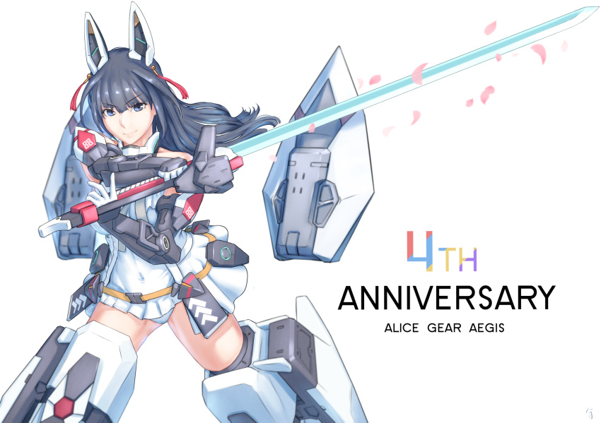 1girl agatsuma_kaede alice_gear_aegis anniversary bangs black_hair blue_eyes breasts copyright_name covered_navel elbow_gloves eyebrows_visible_through_hair floating_hair gloves highres holding holding_sword holding_weapon leotard long_hair mecha_musume mechanical_ears medium_breasts petals skirt smile solo sword weapon white_background white_gloves white_leotard white_skirt yaki_(24centimetre)