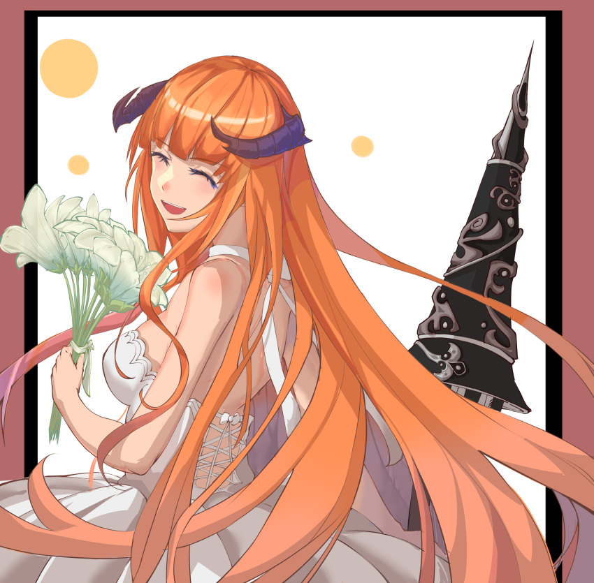 1girl :d ^_^ absurdres alternate_costume arknights bagpipe_(arknights) baizhadie-byd bangs bare_arms bare_shoulders blunt_bangs blush breasts chinese_commentary choker closed_eyes commentary_request dress flower highres holding holding_flower horns lance long_hair medium_breasts open_mouth orange_hair polearm smile solo upper_body very_long_hair weapon white_background white_choker white_dress white_flower
