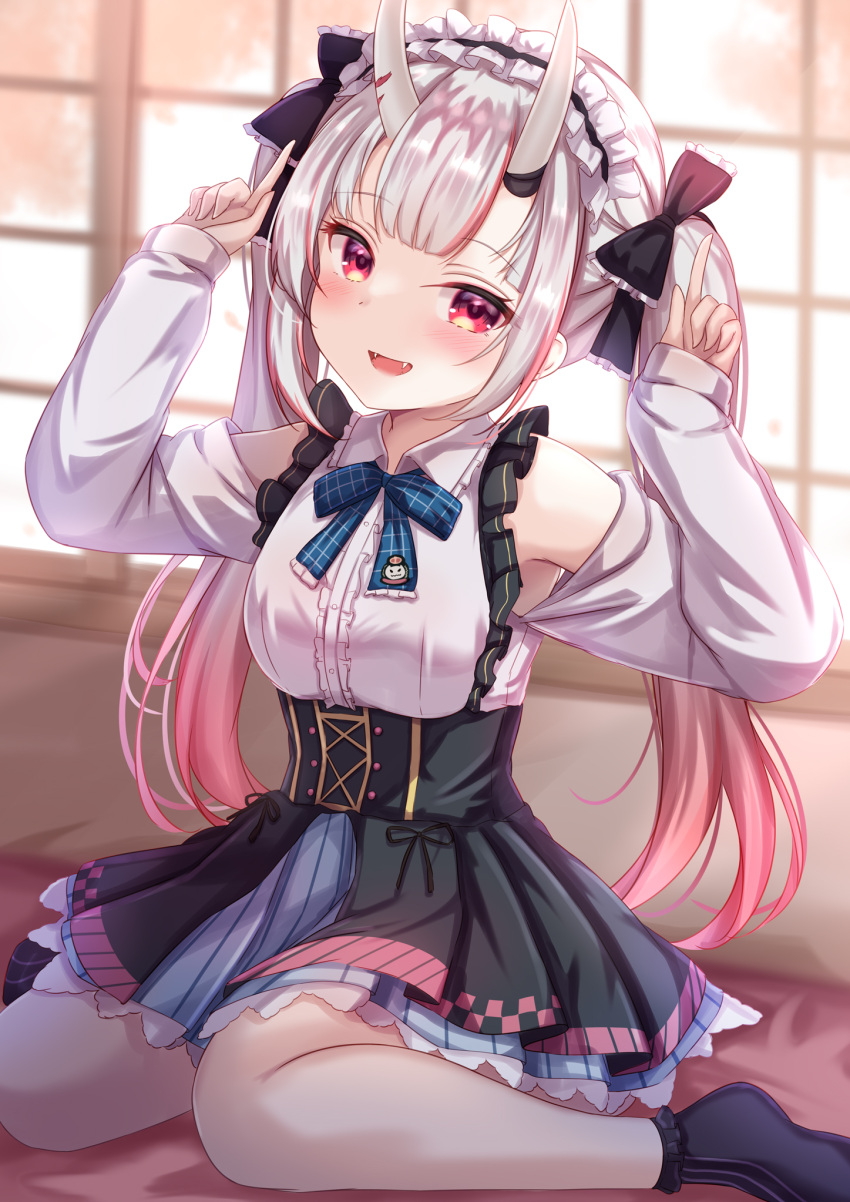 1girl :d arms_up bangs black_bow black_skirt blue_bow blue_bowtie blush bow bowtie center_frills eyebrows_visible_through_hair fangs frilled_shirt frilled_shirt_collar frilled_skirt frills gradient_hair grey_hair hair_bow high-waist_skirt highres hololive horns index_fingers_raised long_hair long_sleeves looking_at_viewer multicolored_hair nakiri_ayame no_shoes oni_horns pleated_skirt red_eyes redhead shirt sitting skirt smile socks solo twintails very_long_hair virtual_youtuber wariza white_shirt yuano