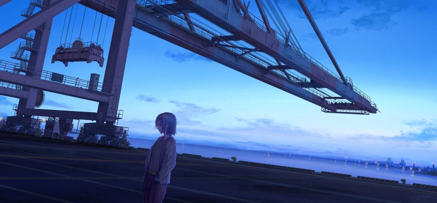 1girl clouds commentary_request crane_(machine) dawn hands_in_pocket harbor highres jacket ocean original outdoors scenery short_hair sign sky smile solo standing water wide_shot yuhack