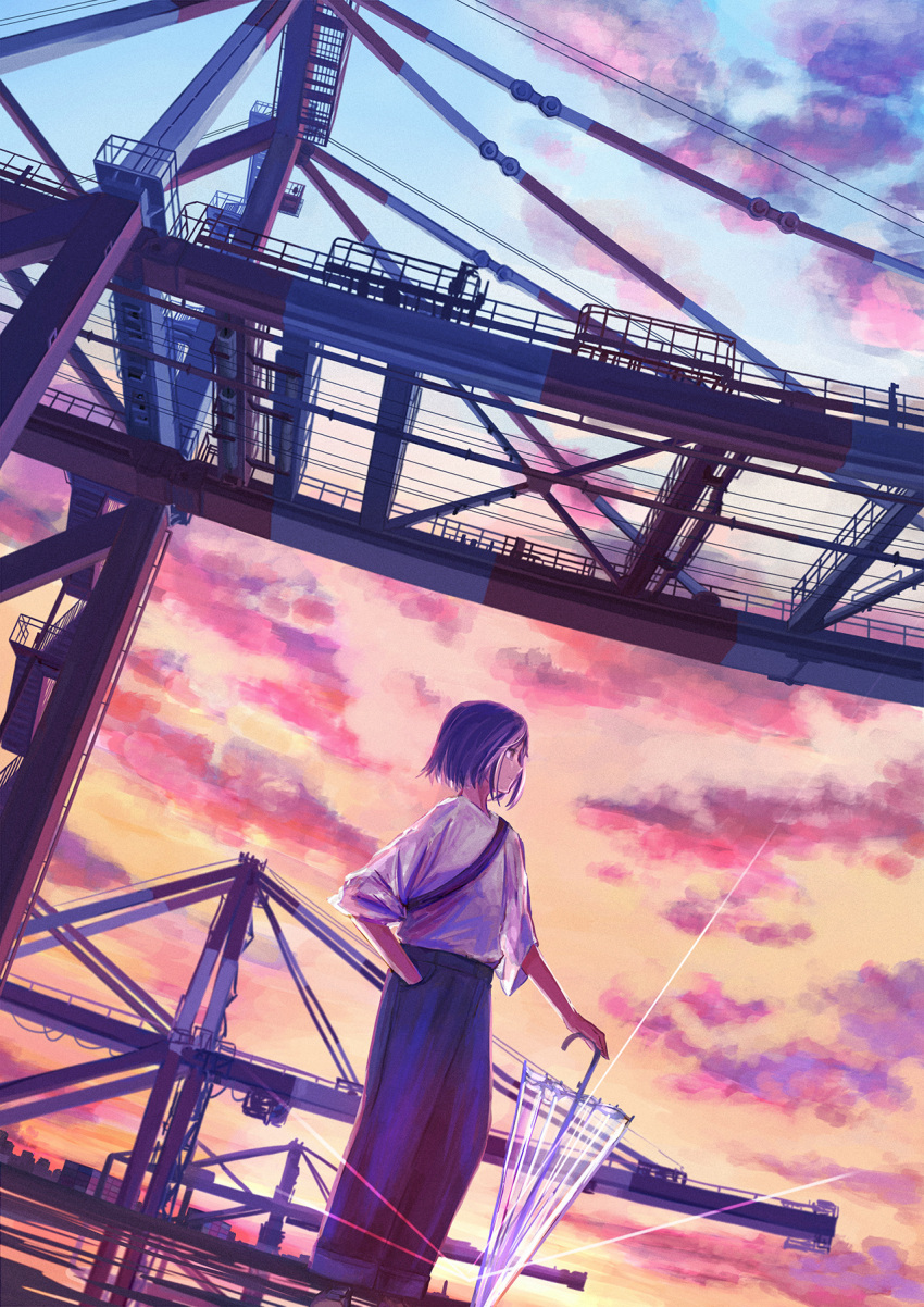 1girl clouds commentary_request crane_(machine) hand_in_pocket harbor highres holding holding_umbrella original outdoors reflection scenery shirt short_hair standing sunset umbrella white_shirt yuhack