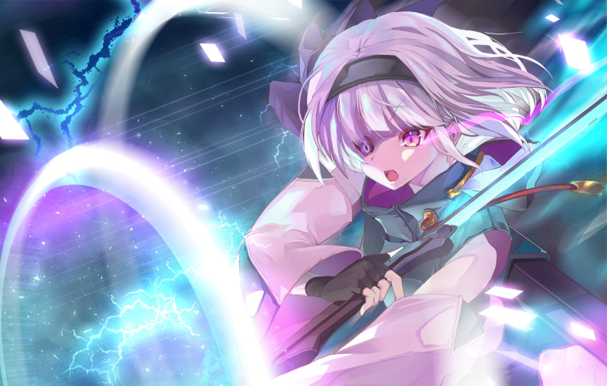 1girl bangs black_gloves black_hairband black_sclera blue_eyes bob_cut colored_sclera commentary electricity energy_rings eyebrows_visible_through_hair fingerless_gloves gloves green_jacket hairband heterochromia high_collar holding holding_sword holding_weapon jacket konpaku_youmu light_particles long_sleeves looking_to_the_side open_mouth red_eyes short_hair silver_hair solo sword tendou_kaoru touhou weapon wind