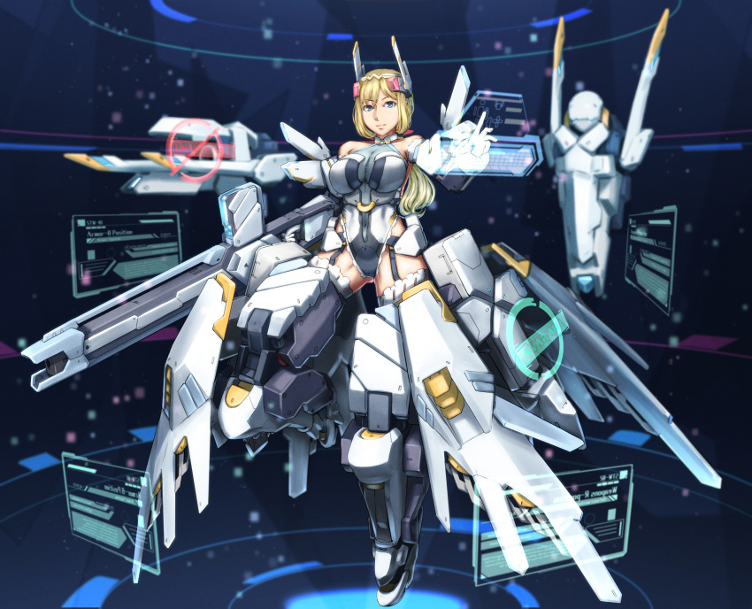 1girl alice_gear_aegis bangs blonde_hair blue_eyes breasts floating frilled_legwear gloves grey_leotard gun highres holding holding_gun holding_weapon holographic_interface large_breasts leotard long_hair looking_at_viewer low_ponytail mecha_musume rita_henschel science_fiction smile solo thigh-highs v-shaped_eyebrows weapon white_gloves yaki_(24centimetre)