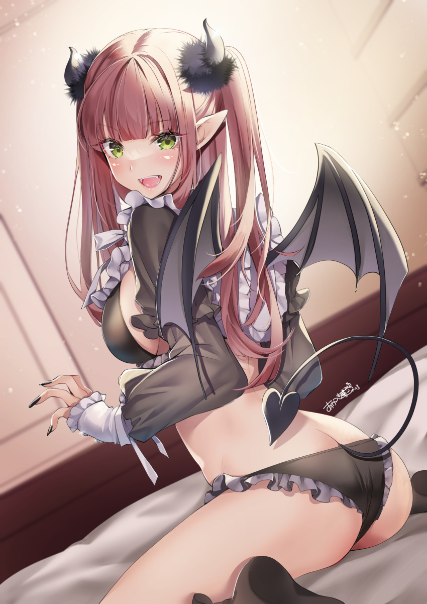 1girl :d akatsuki_hijiri ass backlighting bangs black_legwear black_nails black_panties blunt_bangs blush breasts demon_girl demon_horns demon_tail demon_wings eyebrows_visible_through_hair fangs fingernails frilled_panties frills from_behind green_eyes highres horns indoors kitagawa_marin large_breasts long_fingernails long_hair long_sleeves looking_at_viewer looking_back nail_polish on_bed open_mouth panties pointy_ears redhead rizu-kyun sideboob signature sitting sleeves_past_wrists smile solo sono_bisque_doll_wa_koi_wo_suru tail two_side_up underwear wariza wings